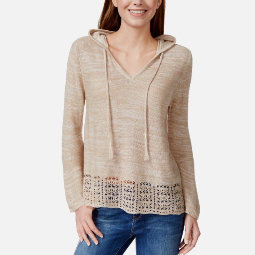 Hooked Up by IOT Juniors' Marled Knit Pointelle Hem Hoodie Sweater L